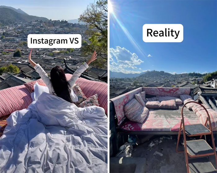 Comparación Instagram y realidad: Vista de una ciudad desde una cama al aire libre, luego una escena desordenada y real.