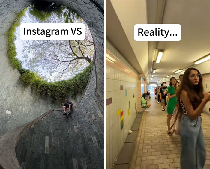 Paisaje perfecto en Instagram frente a un túnel ocupado en la realidad, mostrando la verdad tras las fotos.