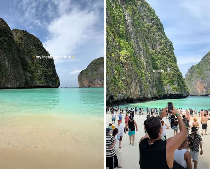 Playa paradisíaca tranquila en Instagram vs. abarrotada de turistas en la realidad.