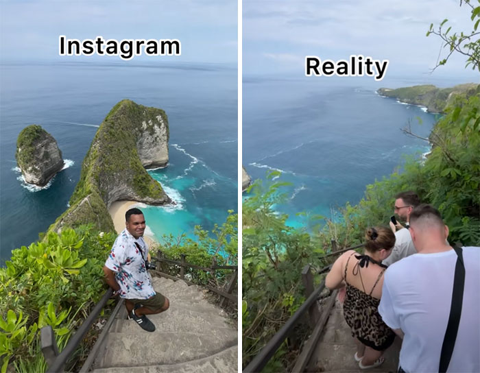 Hombre posando en escalera con vista al mar en Instagram, grupo de personas en misma escalera en la realidad.