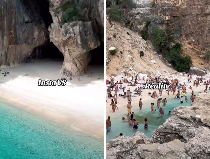 Playa paradisíaca vacía en Instagram y una concurrida en la realidad, mostrando la diferencia entre redes sociales y la vida real.