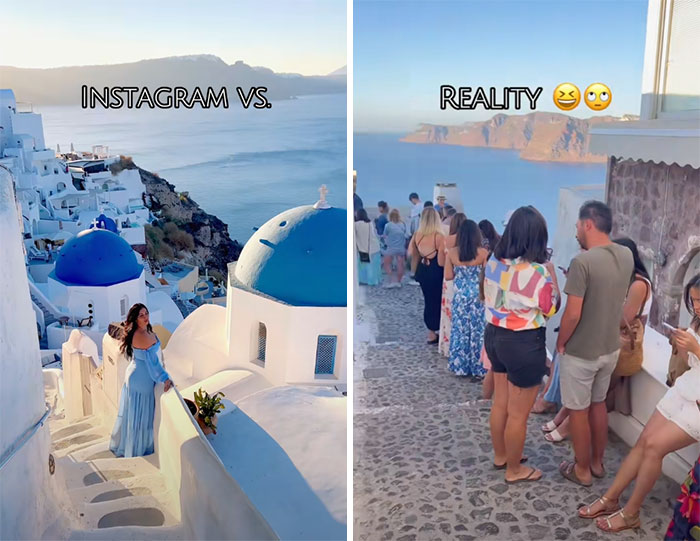 Imagen mostrando Instagram VS realidad en un lugar turístico, con una mujer posando y una fila de personas esperando.
