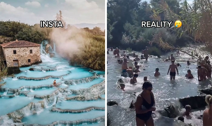 Foto comparativa de Instagram vs Realidad: Cascada idealizada a la izquierda, multitud de personas en el agua a la derecha.