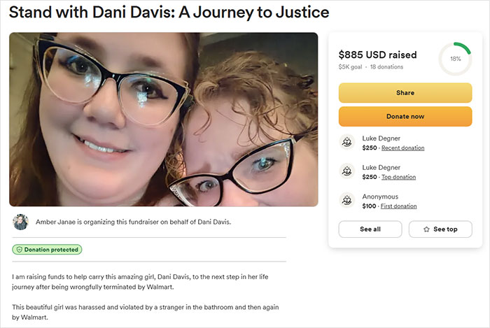 Two women with glasses in a fundraiser image supporting justice for a tall cisgender woman.