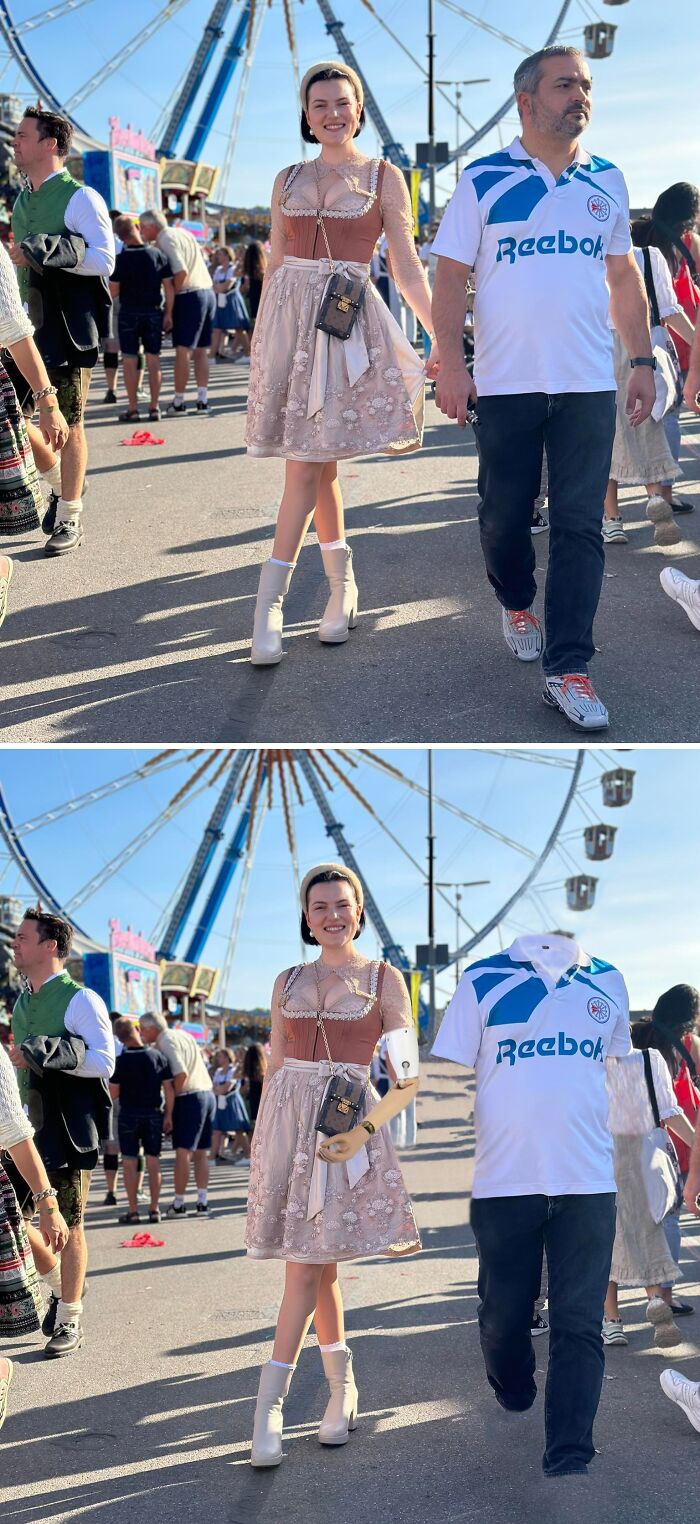 Mujer en feria con edición divertida de Photoshop que altera a un hombre al fondo, resaltando una camisa sin cuerpo.