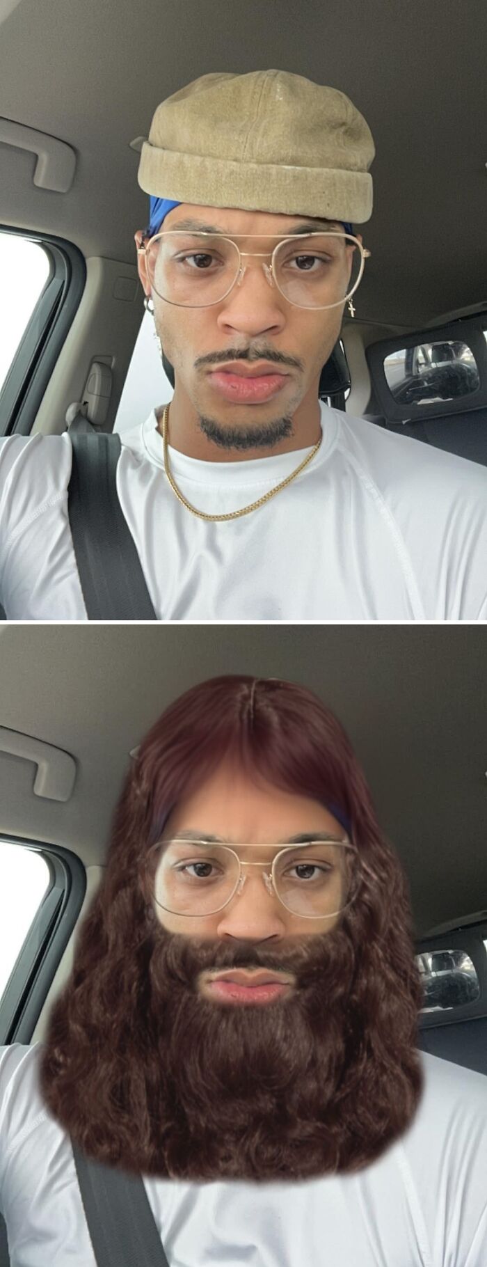 Persona con edición divertida en Photoshop, mostrando un cambio de aspecto con barba en una selfie dentro del coche.