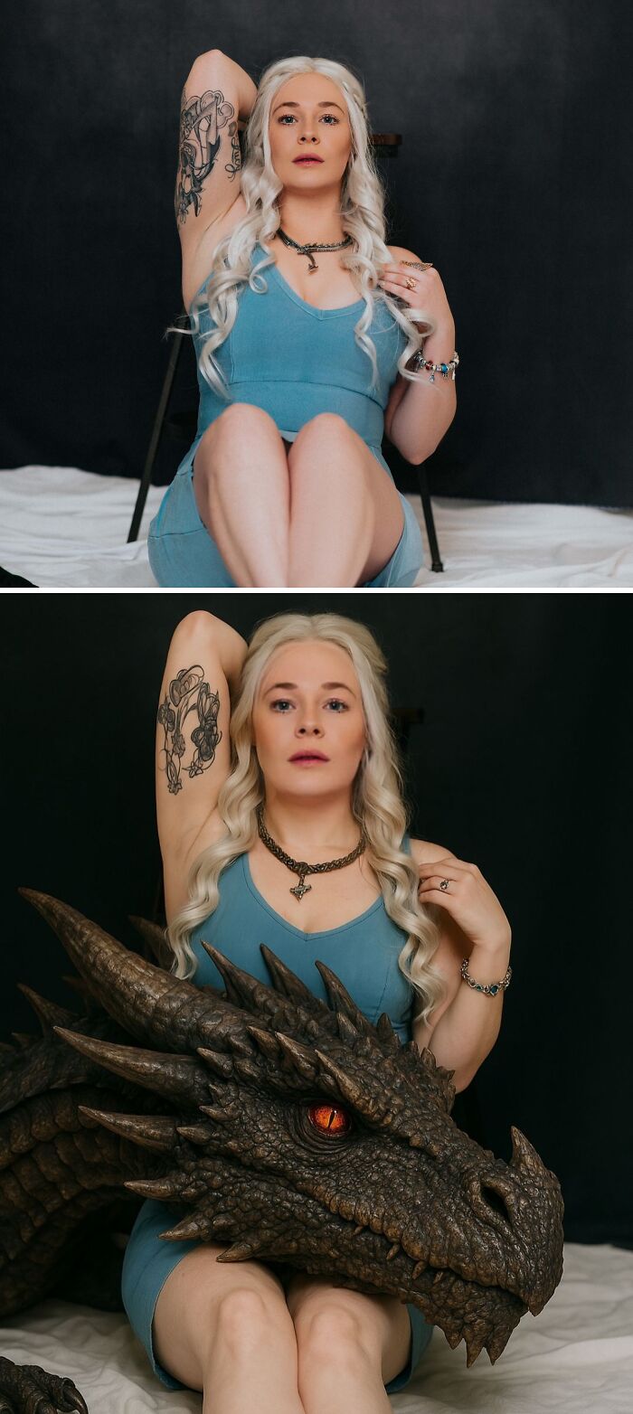 Mujer en vestido azul con dragón añadido por Photoshop en una imagen divertida.