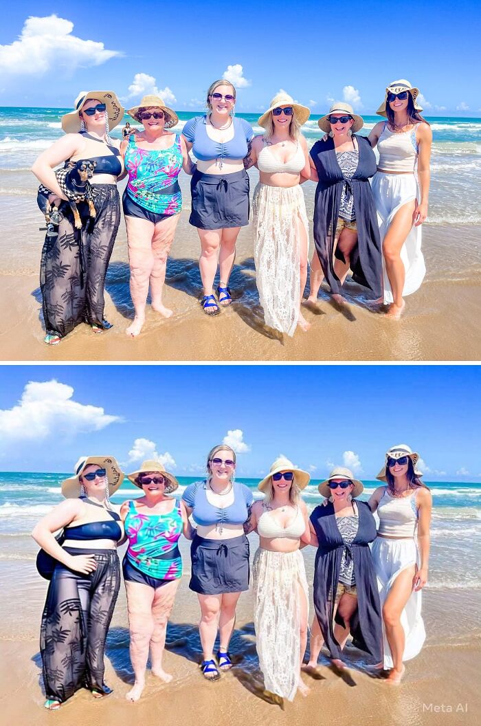 Grupo de amigas en la playa con resultados divertidos de photoshop en sus fotos.