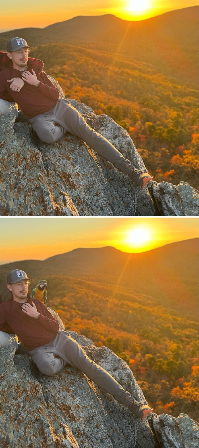 Hombre en montaña al atardecer, con un loro añadido en Photoshop para un resultado divertido.