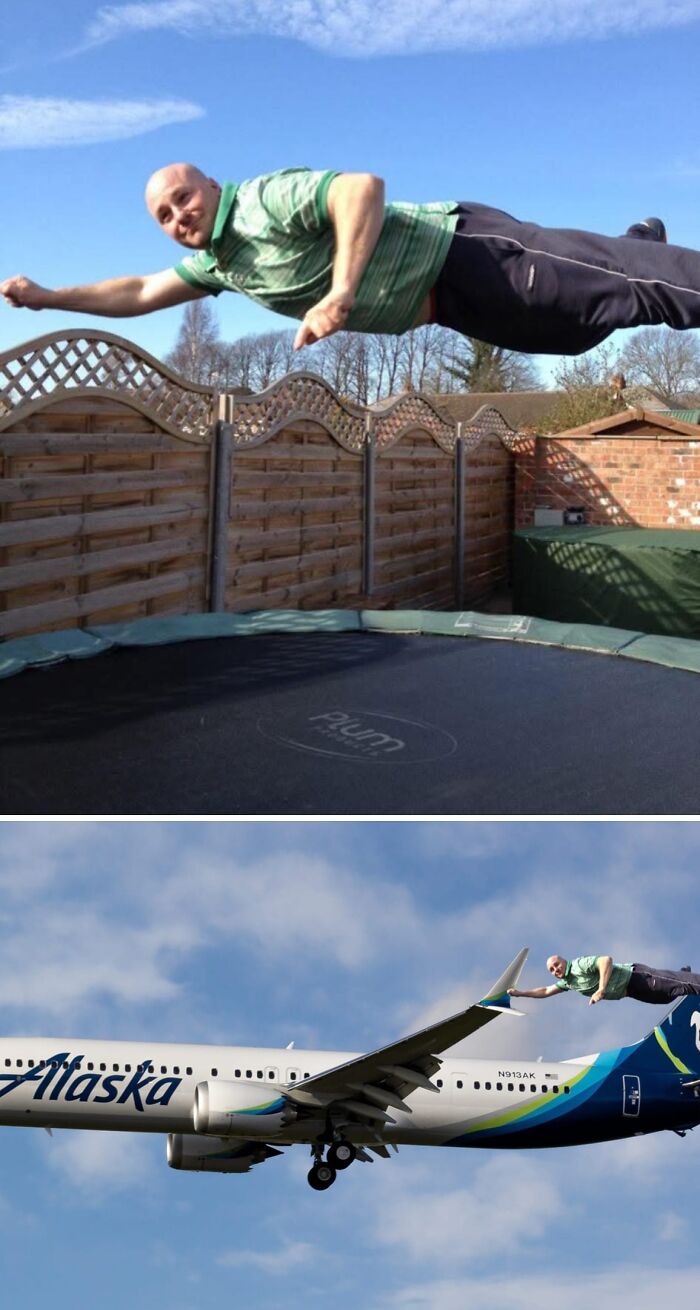 Hombre photoshopeado volando junto a un avión, en una divertida transformación de fotos.