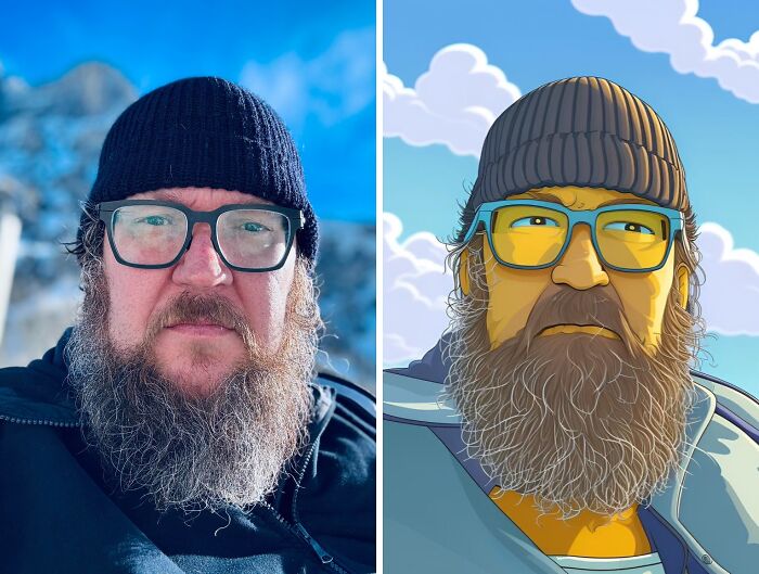 Hombre con gorro y barba comparado con versión ilustrada, mostrando resultados divertidos de Photoshop.