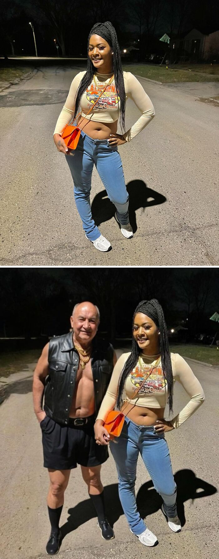 Mujer que pidió photoshop y obtuvo un resultado divertido con un hombre añadido en la imagen.