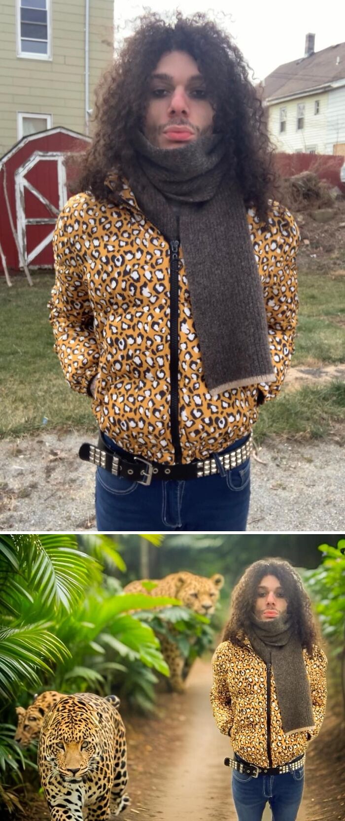Hombre con chaqueta de leopardo, antes y después de un divertido Photoshop en la selva.
