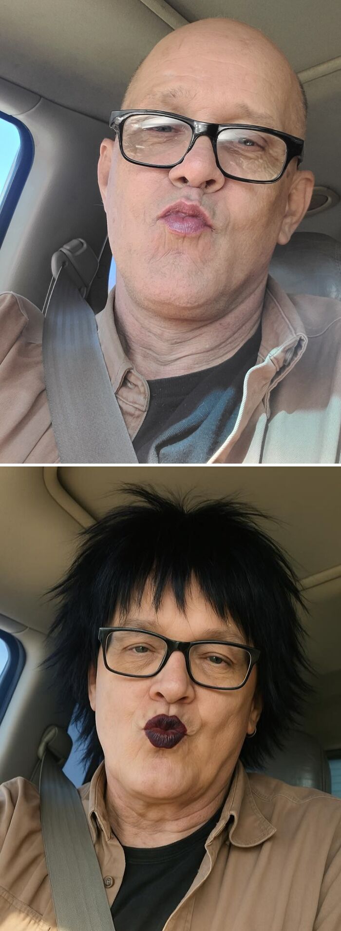 Persona antes y después de un divertido photoshop, mostrando un cambio de apariencia radical en el automóvil.