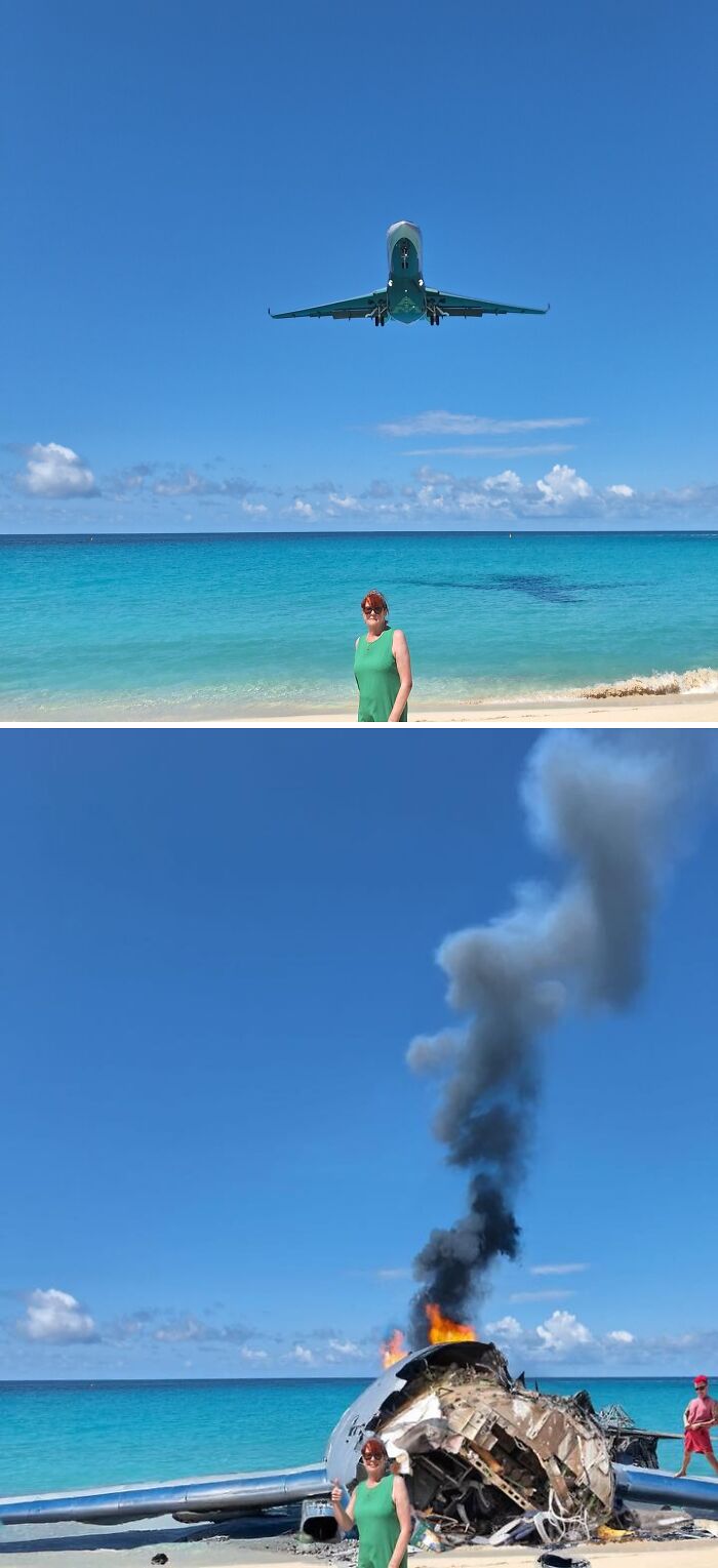 Persona en la playa con un avión photoshopeado en el fondo creando un resultado divertido.