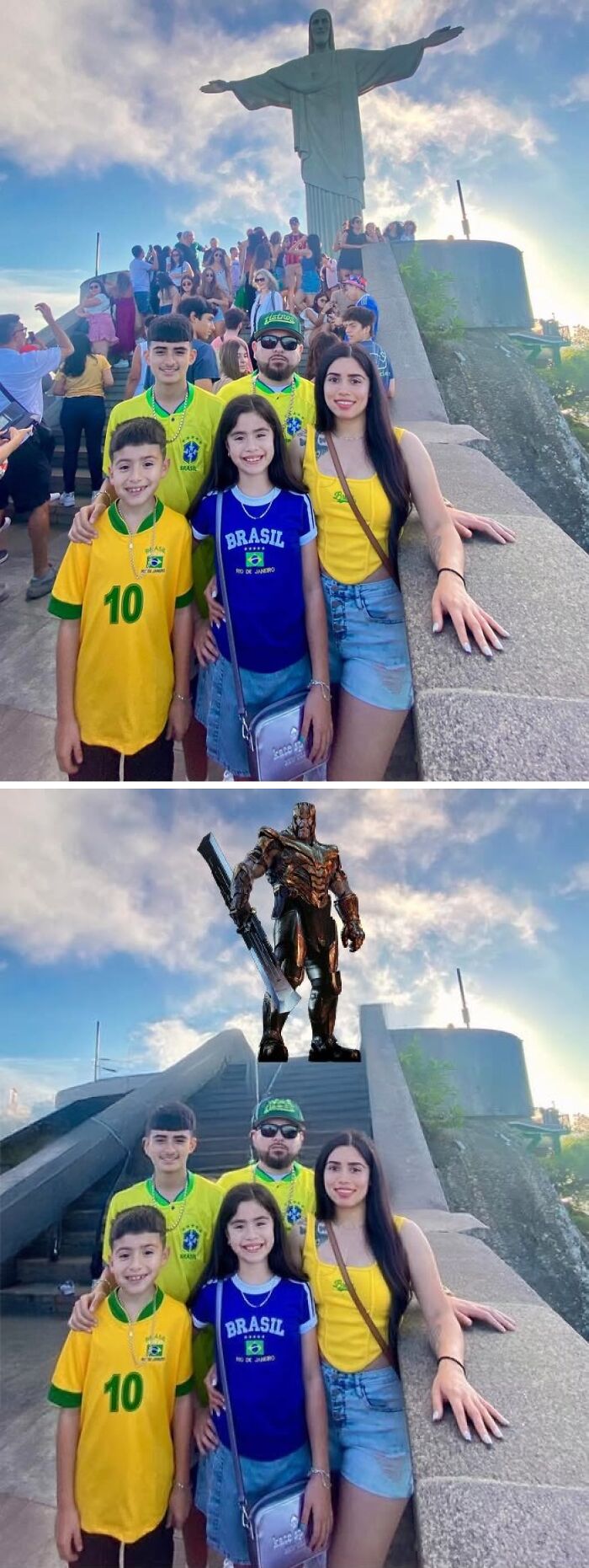 Grupo en Río con el Cristo, guerrero añadido por Photoshop para un resultado divertidísimo.
