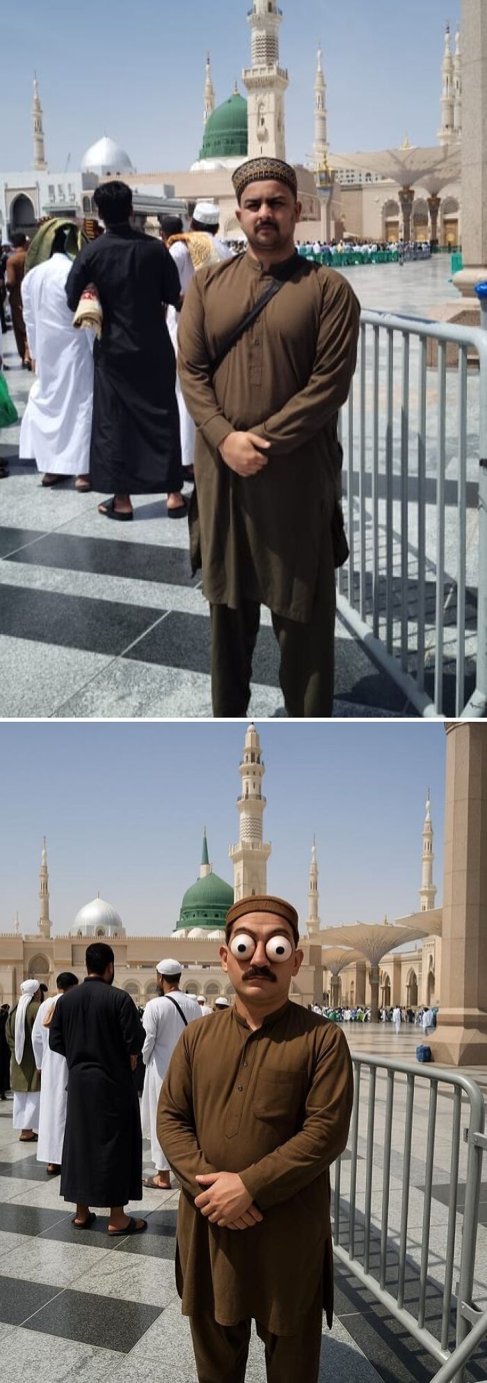Hombre en una mezquita, antes y después de una divertida edición de Photoshop con ojos desproporcionados.