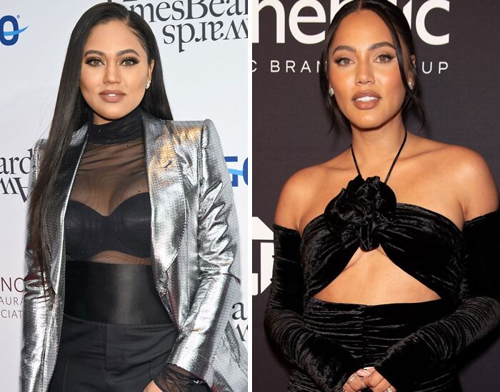 Actriz en fotos de antes y después mostrando resultados tras quitarse implantes de pecho, comparación visible en eventos.