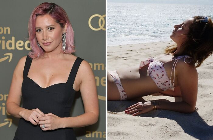 Mujer con cabello rosa en evento y otra mujer recostada en la playa, fotos de celebridades que quitaron implantes de pecho.