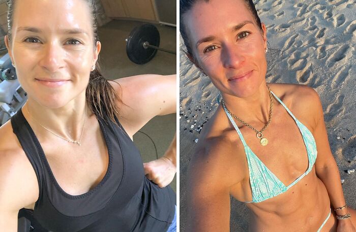 Mujer en fotos de antes y después tras quitarse implantes de pecho, mostrando cambio natural en ejercicio y playa.