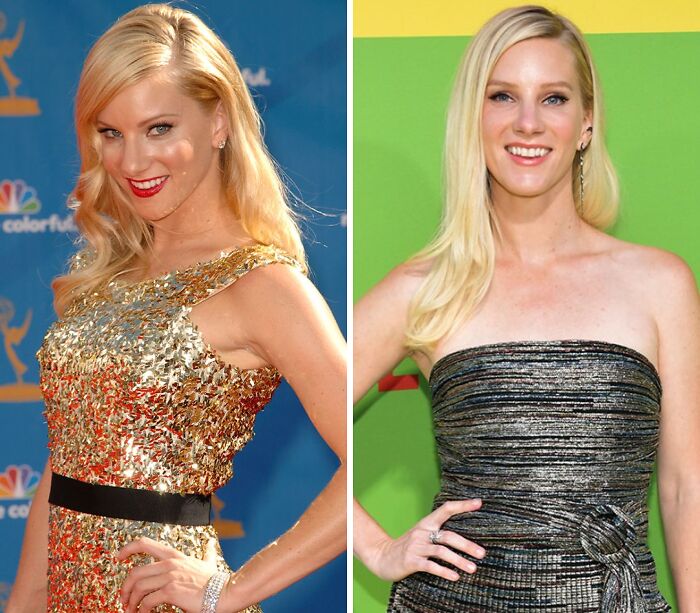 Mujer rubia en fotos antes y después mostrando cambio tras quitarse implantes de pecho en eventos con vestidos elegantes.