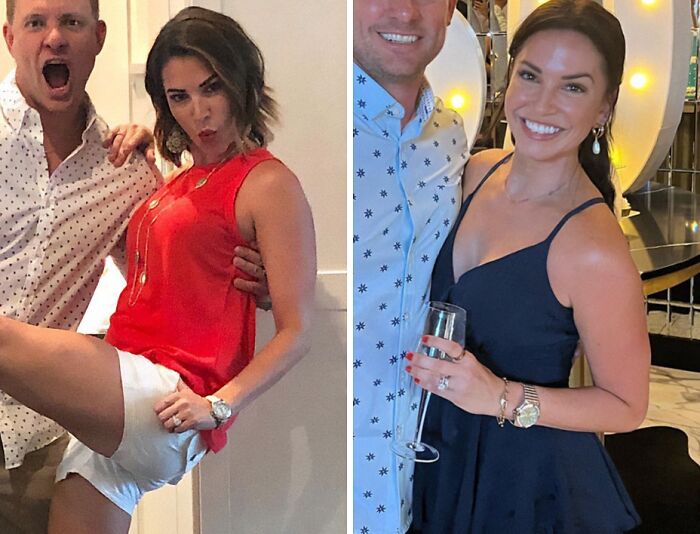 Comparación de celebridad antes y después de quitarse implantes de pecho en evento social con amigos.