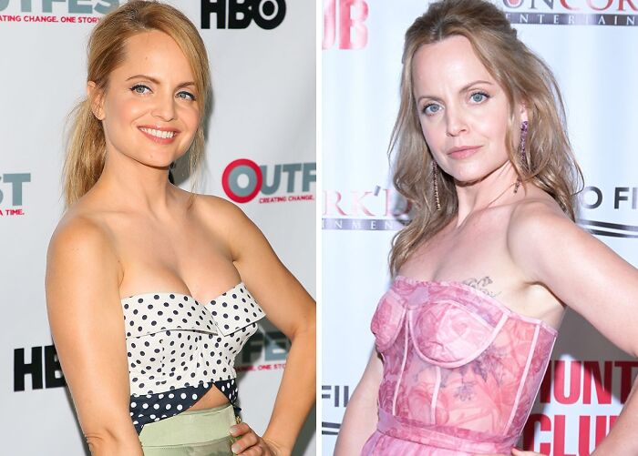 Actriz posando en eventos con cambios visibles tras quitarse implantes de pecho, mostrando fotos de antes y después.