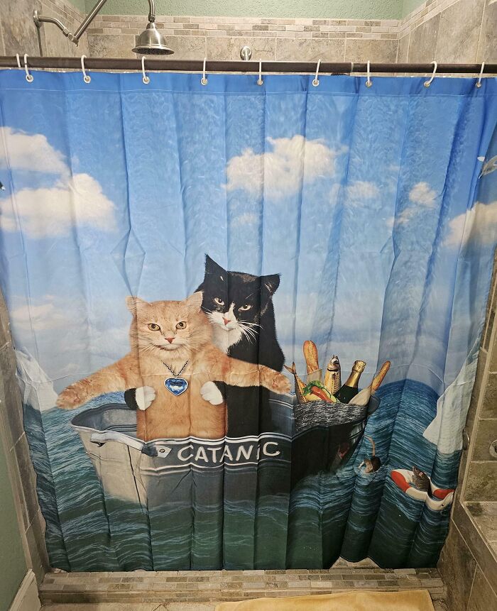 Cortina de ducha con gatos en una escena divertida estilo Titanic, perfecta para novios graciosos.