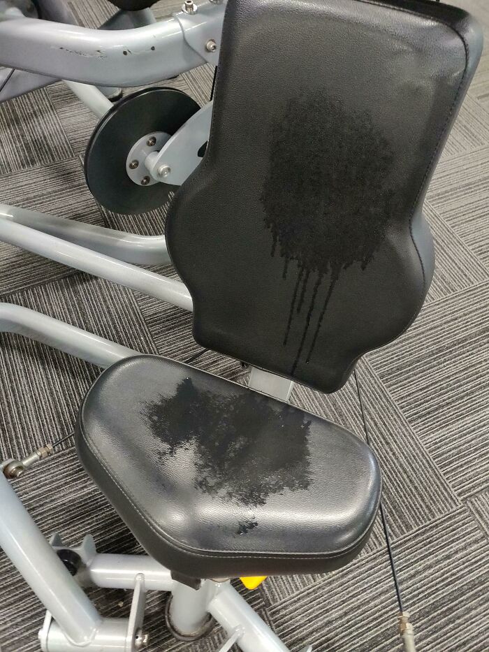 Silla de gimnasio con manchas de sudor evidenciando ignorancia sobre normas básicas de educación y cuidado.
