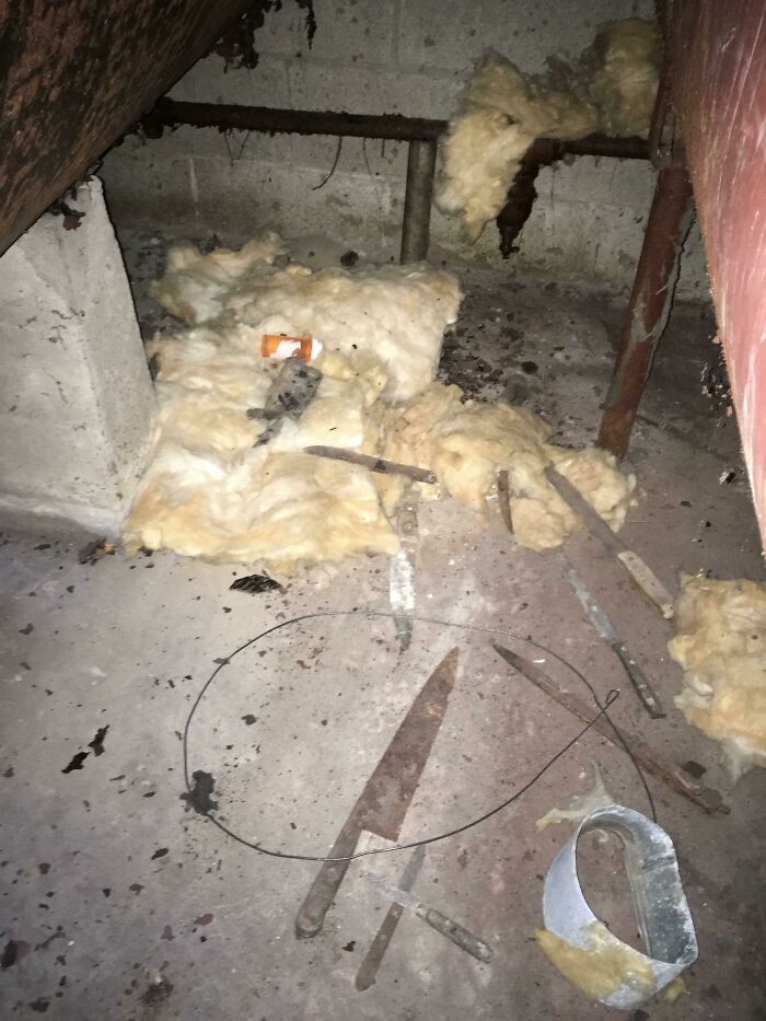 Cuchillos oxidados y aislante disperso en sótano, sorprendiendo a personas tras mudarse a casa nueva con sorpresa.