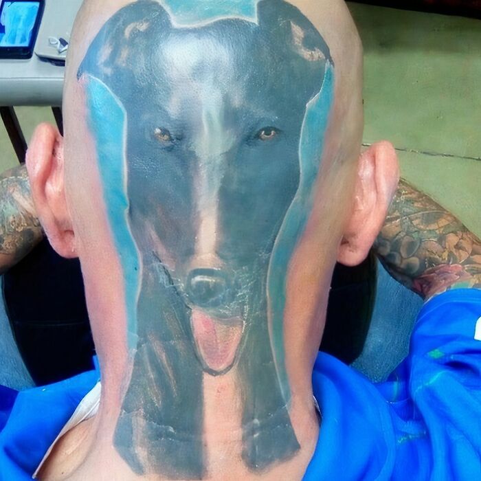Tatuaje grande y poco realista de un perro en la parte posterior de la cabeza de una persona con tatuajes visibles.