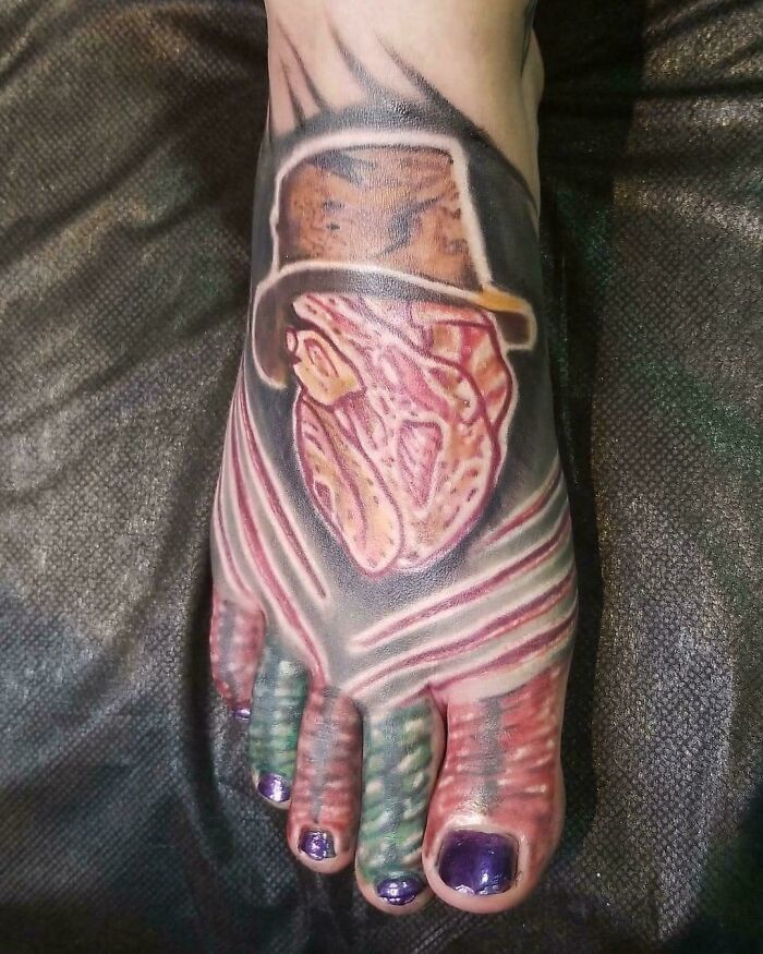 Tatuaje de pie con diseño confuso de cara y sombrero, ejemplo de tatuajes que fueron una mala elección.