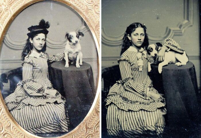 Niña vestida de época posando con un perro pequeño en fotos de hace décadas, mostrando escenas elocuentes de la historia.