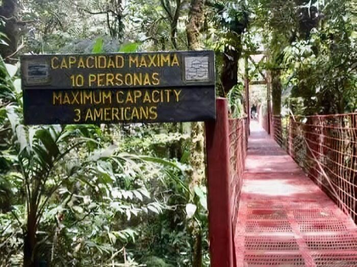 Cartel con afirmación incorrecta y divertida sobre capacidad máxima en puente colgante en zona boscosa.