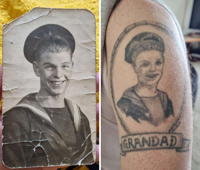 Retrato de marinero en foto antigua y tatuaje con mala elección, mostrando un diseño borroso y poco detallado.