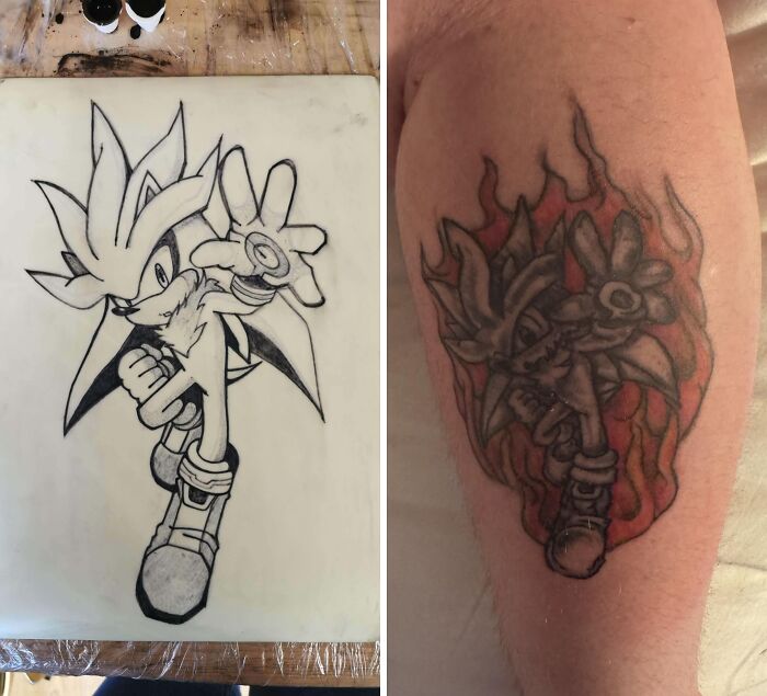 Diseño original de tatuaje de personaje animado y resultado final con mala calidad y errores visibles en el tatuaje.