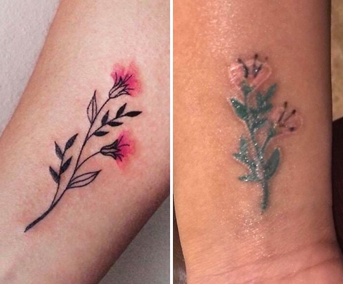 Tatuajes con flores que fueron una mala elección, muestran tinta corrida y diseño desvanecido en piel.