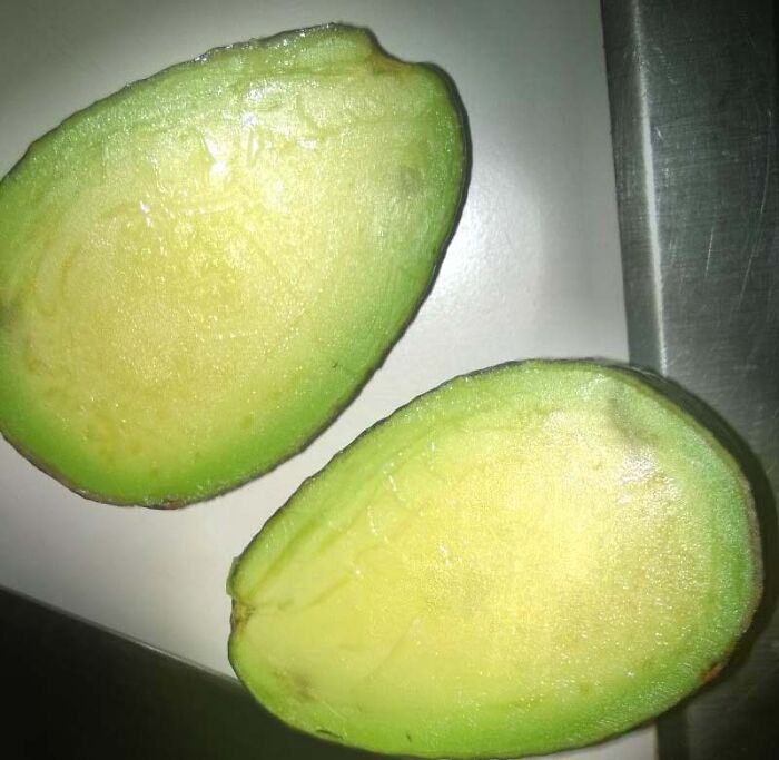 Mitad de aguacate sin semilla en mesa blanca, mostrando una coincidencia increíble en su interior.