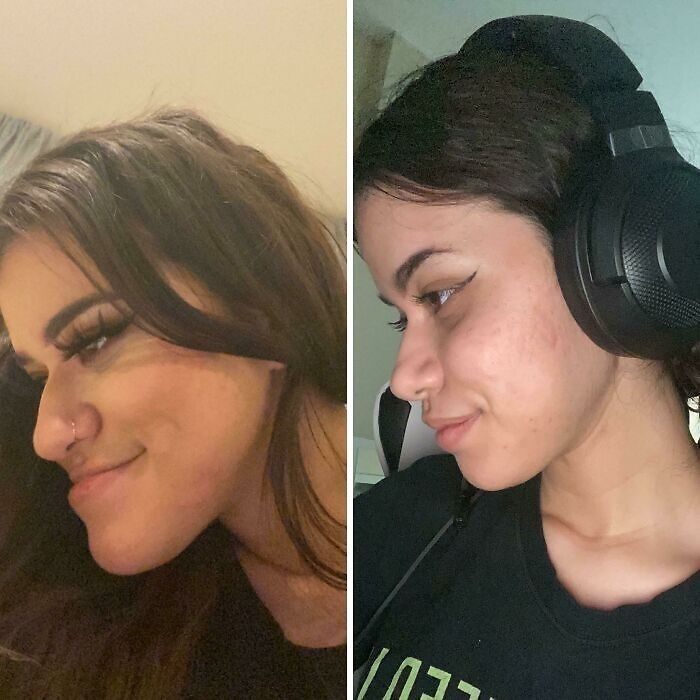 Mujer mostrando su pequeño cambio de apariencia con maquillaje y sin maquillaje que marcó la diferencia para ella.