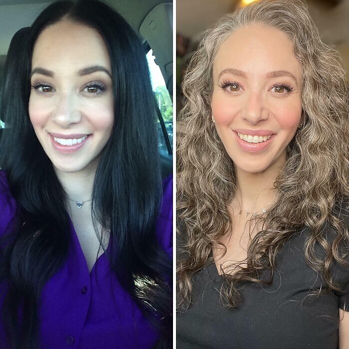 Mujer con cambios pequeños en apariencia mostrando diferencias en color y estilo de cabello y maquillaje natural.