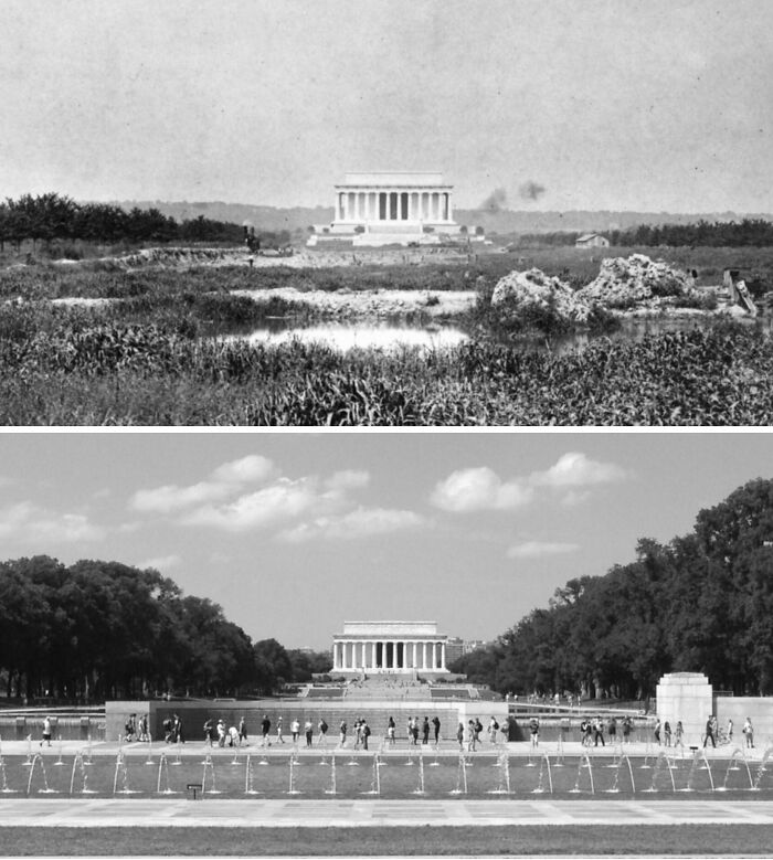 Fotos curiosas en blanco y negro que muestran el monumento Lincoln desde otra perspectiva y época distinta.