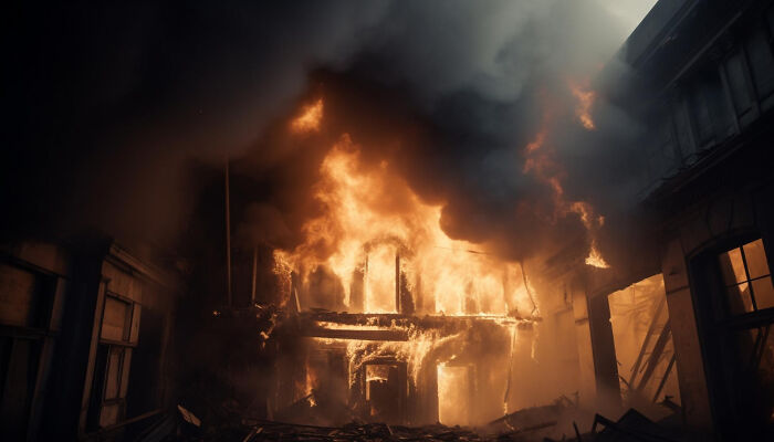 Casa en llamas con fuego intenso y humo denso, representando momentos en que supieron que debían irse ya mismo.