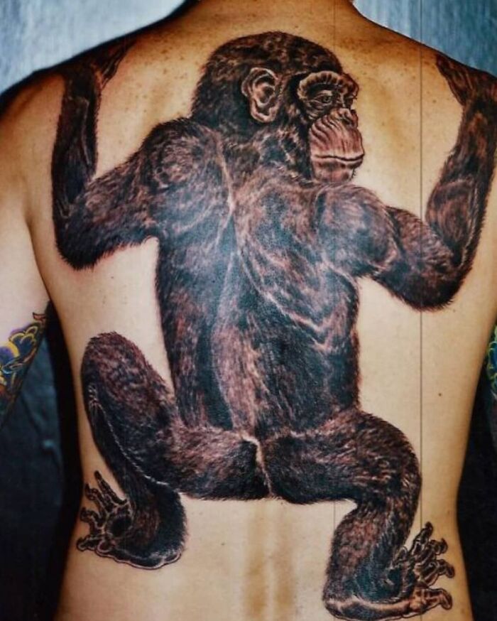 Tatuaje en la espalda de una persona con diseño grande de un mono mal logrado y horribles tatuajes.