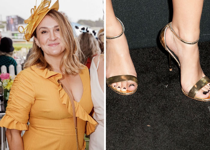 Mujer con vestido amarillo y zapatos dorados en evento de alfombra roja, mostrando secretos no glamurosos.