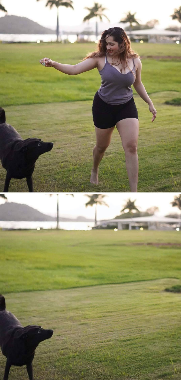 Mujer sonriente jugando con un perro en un campo verde; divertido resultado de Photoshop al extender el césped.