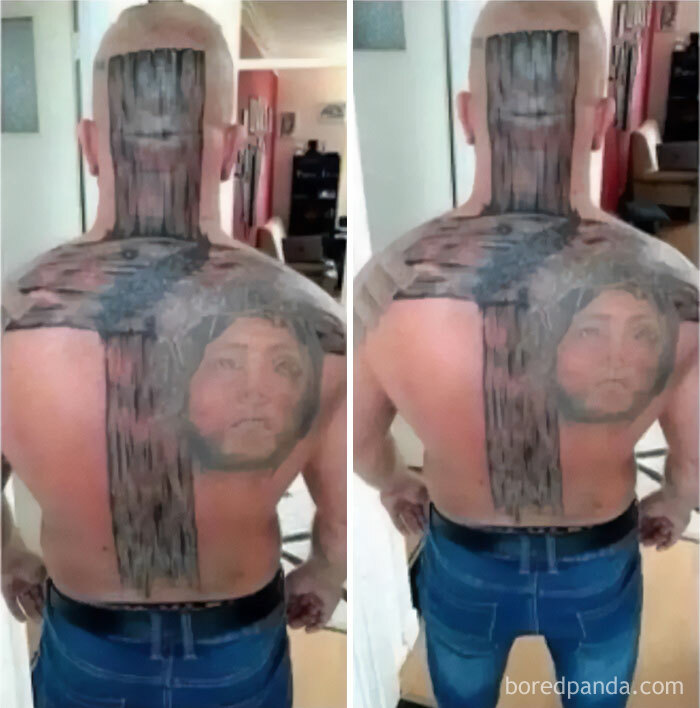 Hombre con tatuaje grande en la espalda, destacando por su diseño peculiar.