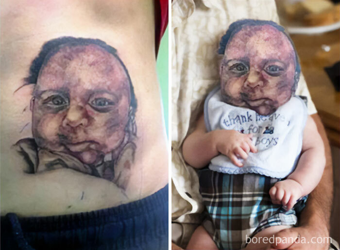 Tatuaje fallido de bebé en el torso comparado con la foto real del niño en brazos de un adulto.