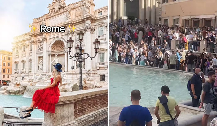 Mujer posando en la Fontana di Trevi casi vacía a la izquierda; a la derecha, la fuente está abarrotada de personas.