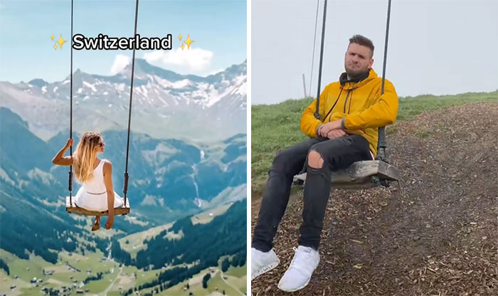 Comparación de fotos de Instagram vs realidad con columpios en Suiza, mostrando diferentes perspectivas.