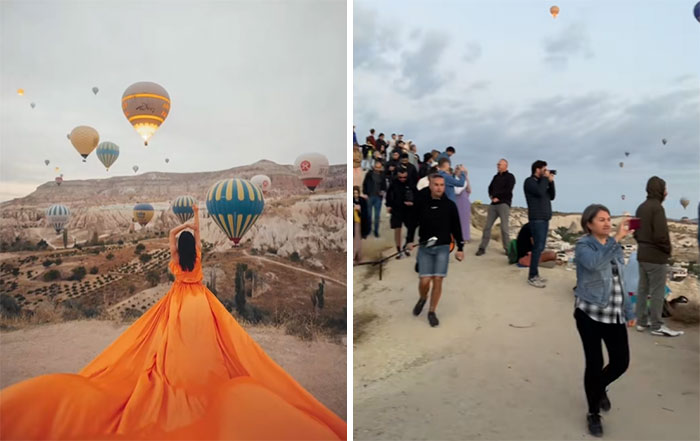 Persona con vestido naranja frente a globos aerostáticos, comparado con entorno cotidiano. Instagram vs Realidad.